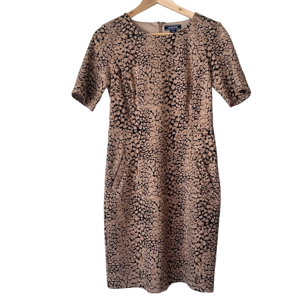 Lands End Womens Petites Scuba Knit Leopard Print Sheath Dress Size 2 P 2P